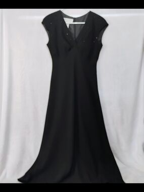 Jones New York Sz 6 Black Evening Gown Maxi Dress Cap Sleeves Embellishments S